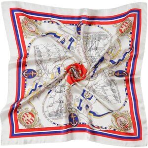 Women Red Sailboat Headscarf Satin Bandana Pattern Polyester Breathable Scarves